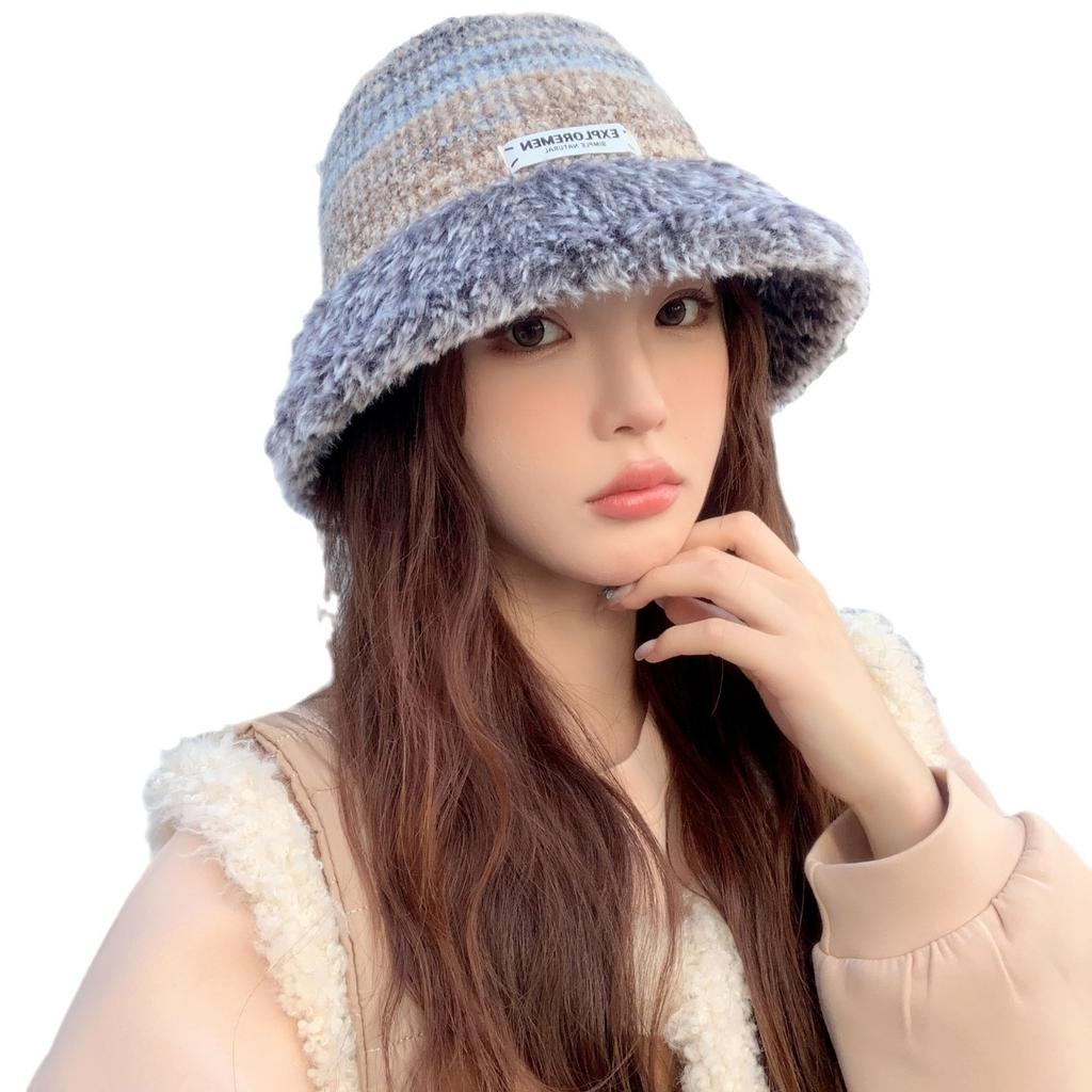 Women's Winter Warm Plush Knitted Wool Hat Korean Style Trendy Striped Face Small Windproof Versatile Basin Hat
