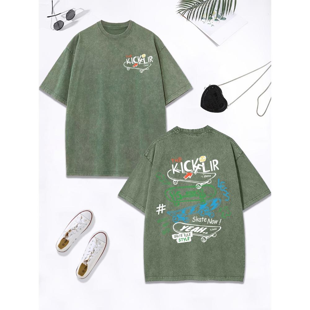 Kick Flir Skateboard Prints Washed T-Shirts Women Cotton Oversized Tops Comfortable O-Neck Distressed T Shirt Clothes
