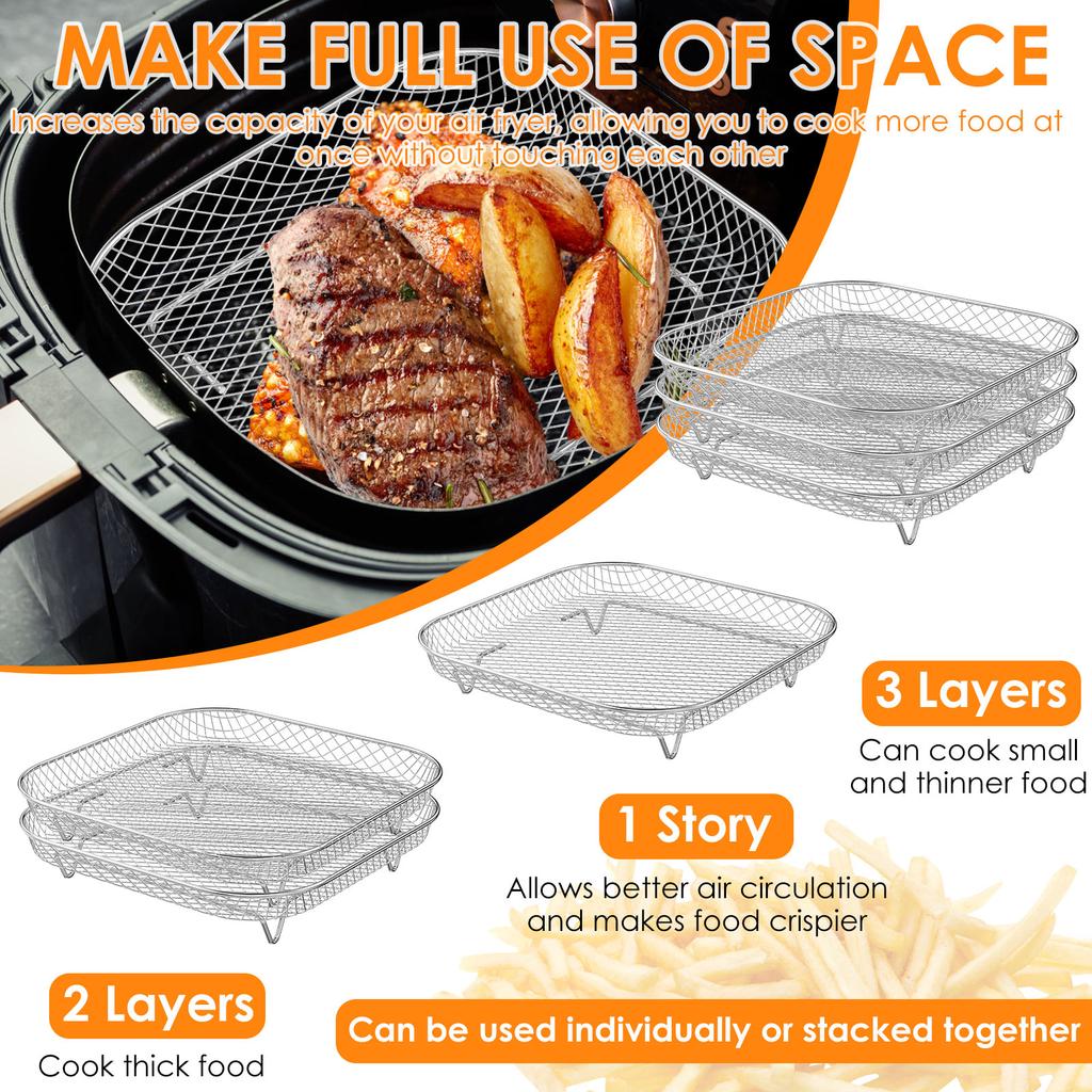 3Pcs 3-Layer Air Fryer Racks Square/Round/Rectangular Stackable Air Fryer Basket Tray Dehydrator Rack Air Fryer Oven Accessories