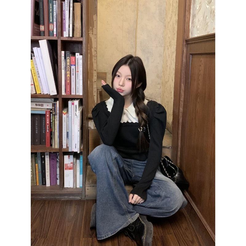 Baby-Puppenkragen Kontrastfarbe Pullover Frühling Damen Fake Zweiteiler Gespleißt Puffärmel Unterhemd Schickes Oberteil