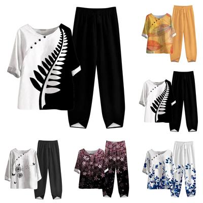 Women's Summer Half Sleeve Printed Tops Elastic Waist Nine Piece Pants Two Piece Set