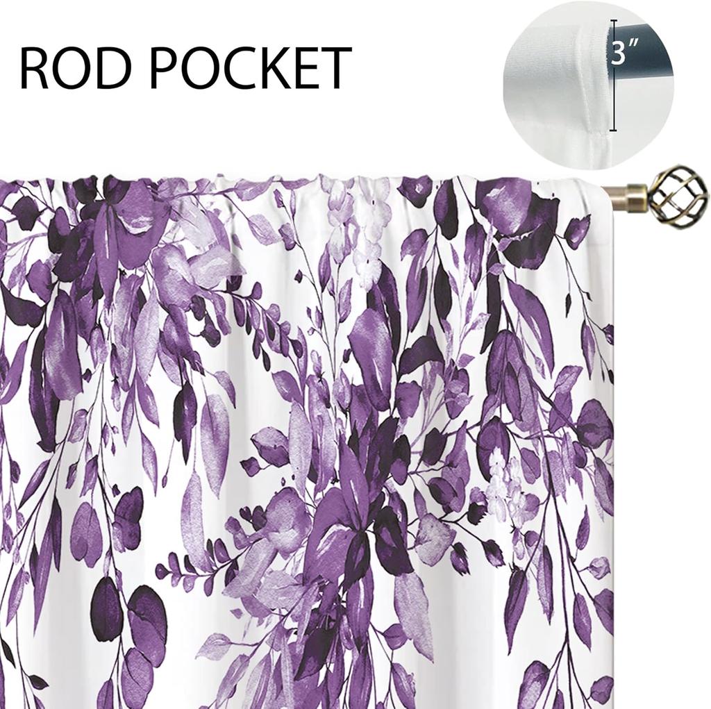 Eucalyptus Botanical Leaves Purple Floral Kitchen Window Curtains Over Sink Farmhouse Flower Leaf Small Window Treatment Cafe Sh