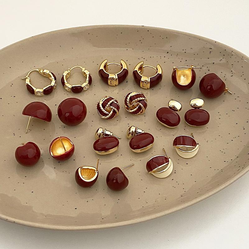 PONYKISS Sterling Silver Red Enamel Geometric Stud Earrings for Women Vintage Fine Minimalist Light Luxury Accessory