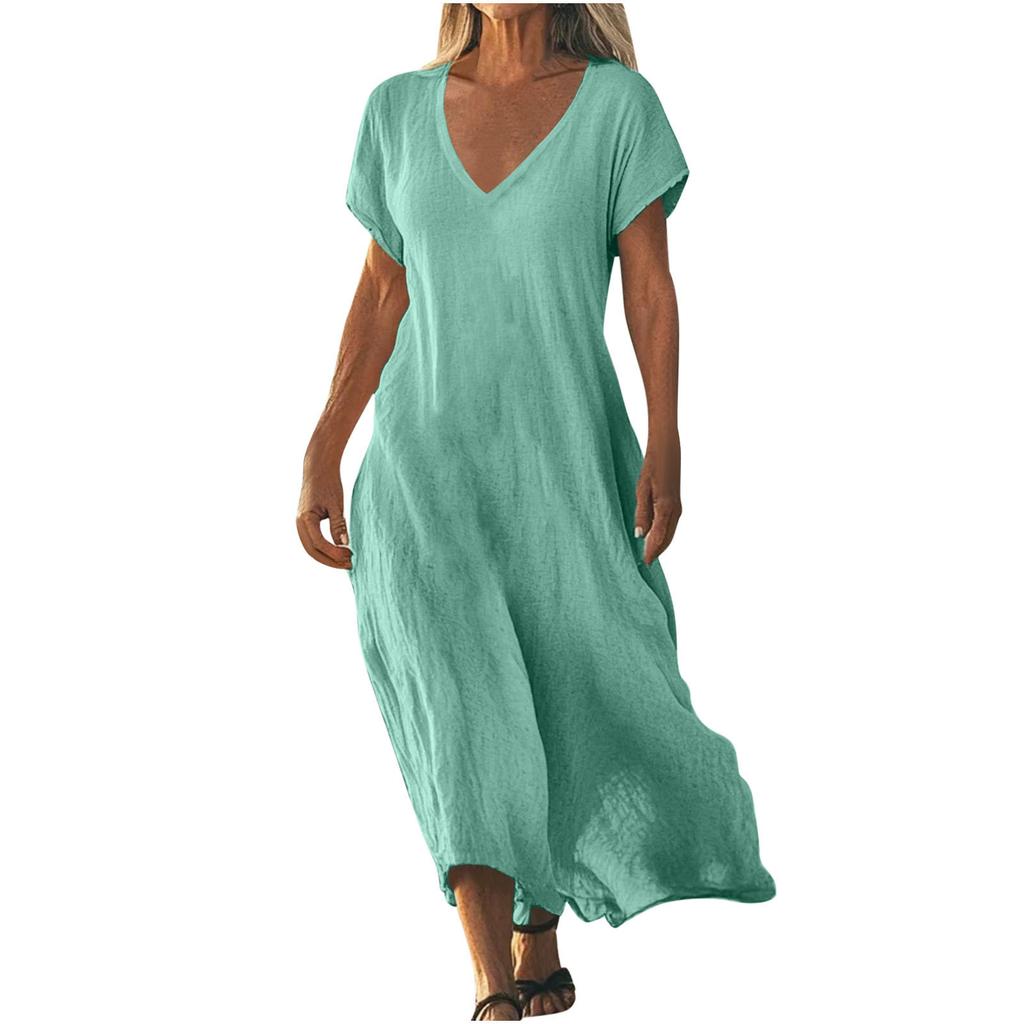 QICED Fashion Summer Spring Solid Color Print Short Sleeve V-Neck Casual Dresses