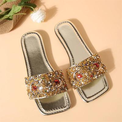 Fashion 2024 New Summer Style Fashionable Comfortable and Casual Flat Bottom Rhinestone Square Toe Wear-resistant Slippers for Women