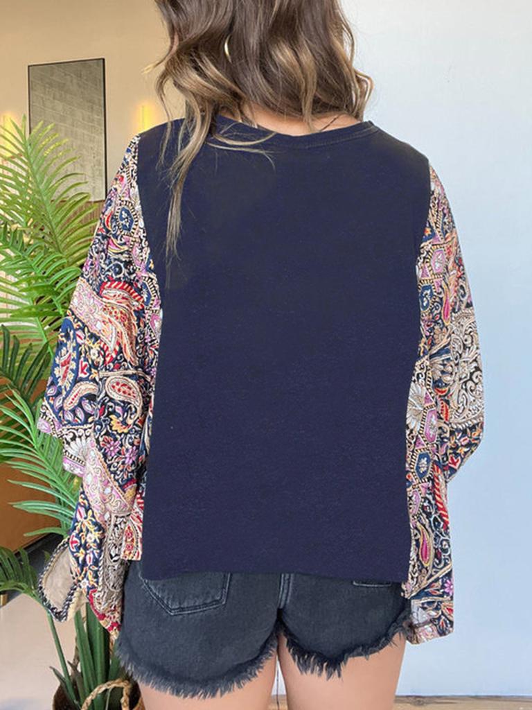 New Printed Crew Neck Loose Casual Batwing Sleeve Top for Women