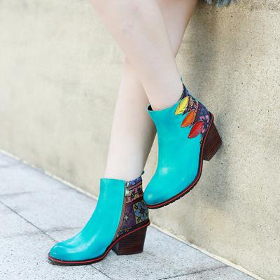 Handmade Genuine Leather Splicing Printed Fabric Retro Comfortable Thick Heel Women's Ankle Boots