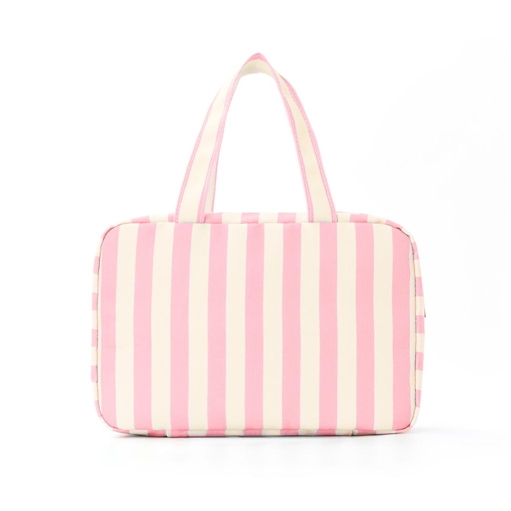 Striped toiletry bag - Large capacity travel makeup bag, with hooks for folding portable cosmetics, fitness and shower essential