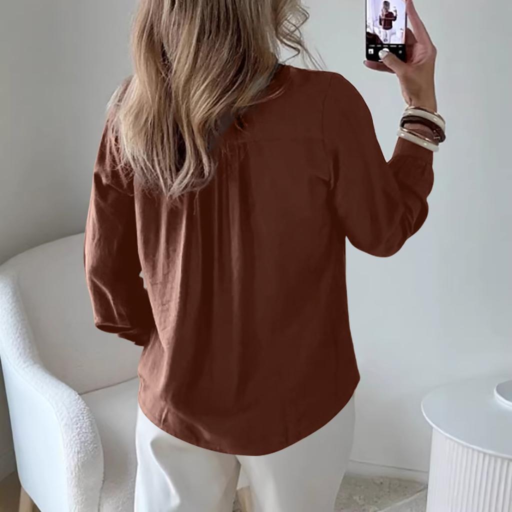 Women's Casual Loose-Fit V-Neck Button-Up Long-Sleeve Blouse With Flounce Collar
