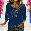 Women Plus Size Round Neck Half Sleeve Star Printed Navy Blue Loose Blouse