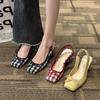 Fashion Plaid Square Toe Thick Heel Women Shoes 2025 New Bowknot Square Head High Heel Casual Sandals for Women Sandalias