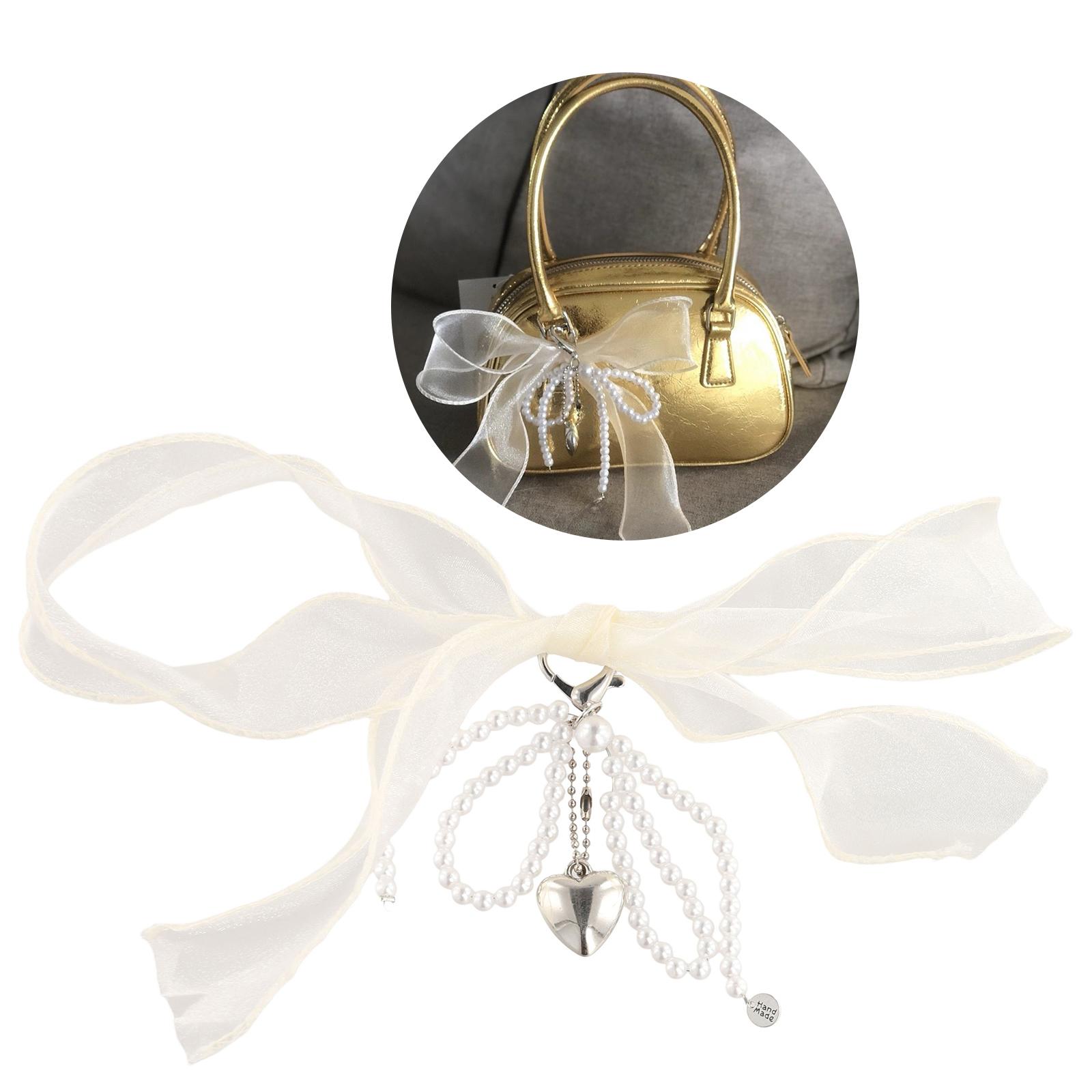 

Элегантная лента с бантом и жемчужным сердцем, подвеска, нежный ремешок для телефона, ремешок с жемчужным бантом, подвеска в виде сердца для женщин