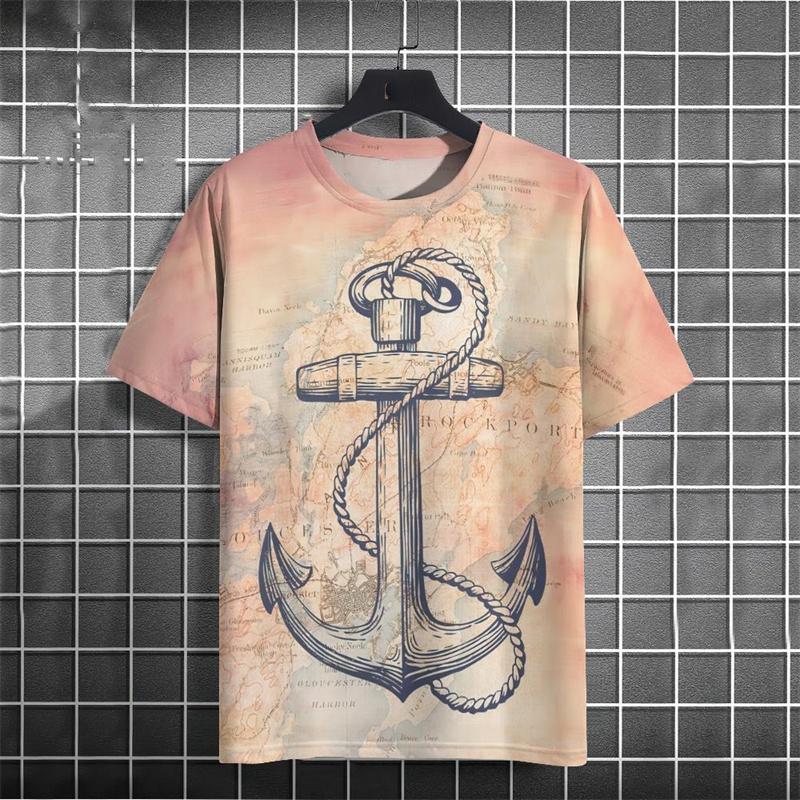 Retro Style Anchor Graphic Men T-shirt Street 3D Print Casual Fashion Stripe Short Sleeve T Shirts Summer Daily Trend Men's Tees