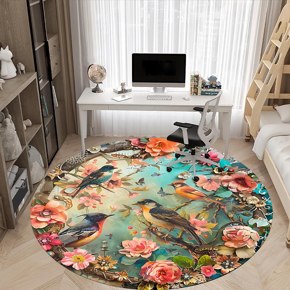 1PC Floral Birds Office Round Area Rug, Mat Suitable For Office, Under Office Chairs Bedroom Living Room Home Decor, Room Deco