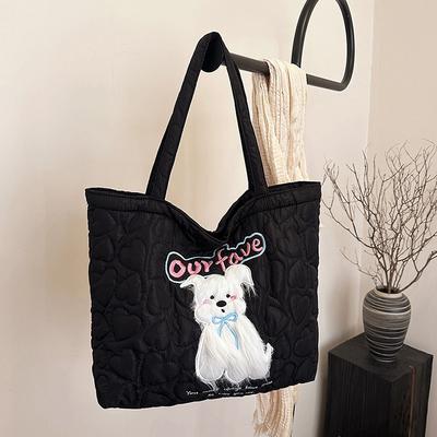 Versatile Cute Puppy Cotton Bag Large Capacity Zipper Tote Bag Soft Waxy Quilting Love Baby Powder Shoulder Bag Women
