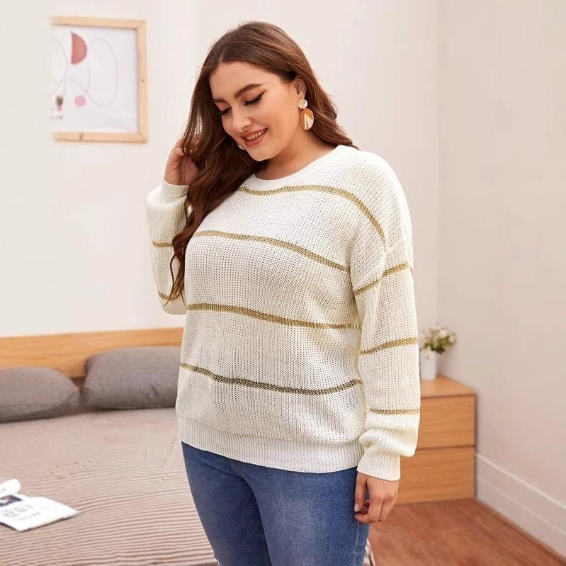 Large size women's sweater autumn and winter European and American knitted sweater women's sequins elegant wind extra large size