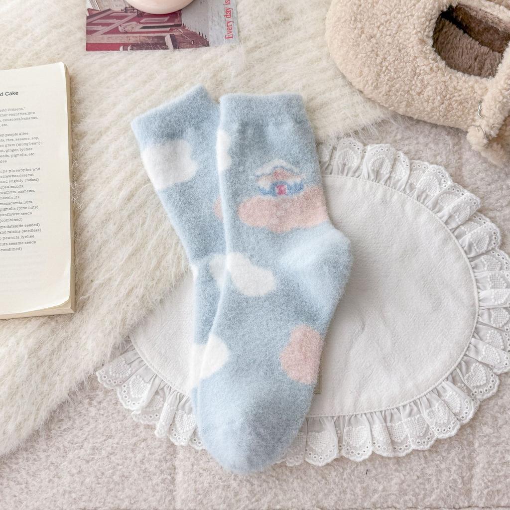 Blue Snowman Australian Velvet Socks Christmas Tree Girl Thickened Warm Confinement Socks Korean Winter Cute Mid-Leg Socks