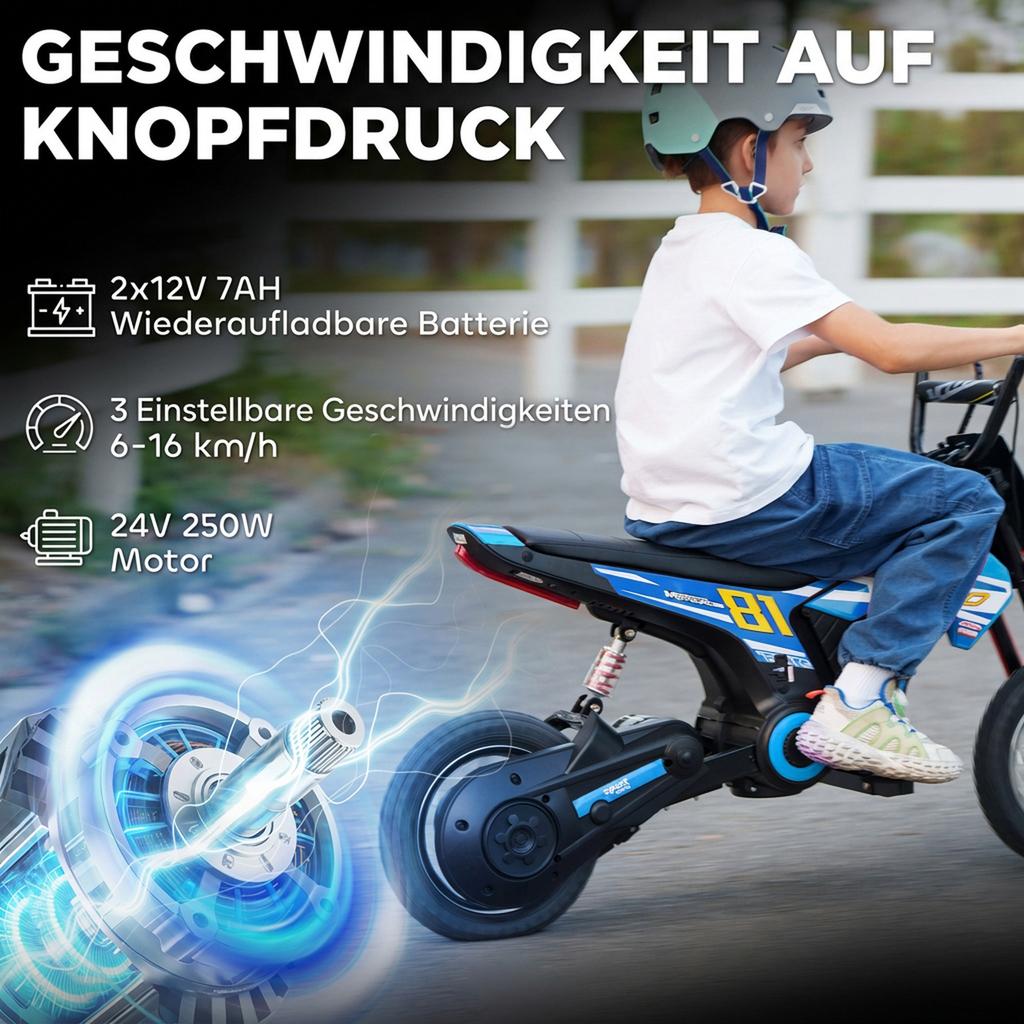 Electric Motorcycle Kids 24 V Kids Motocross with 250W Motor 7Ah Battery Rear Suspension Disc Brake 16km/h 8–12 Years