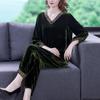 2pcs Pants Suits Autumn Retro Women's V Neck Plus-size Velvet Blouse High-waist Velvet Harem Pants Two-piece Set