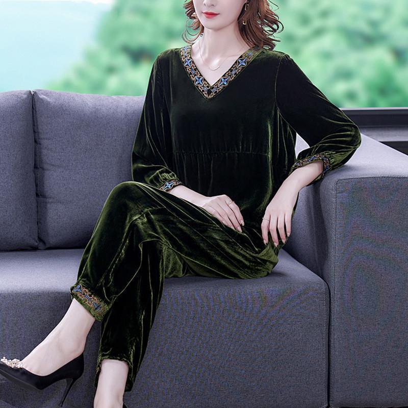 2pcs Pants Suits Autumn Retro Women's V Neck Plus-size Velvet Blouse High-waist Velvet Harem Pants Two-piece Set