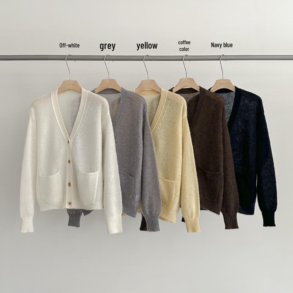 

Женский кардиган с V-образным вырезом на осень/зиму: Новый свободный облегающий вязаный свитер One Size грязно-белый