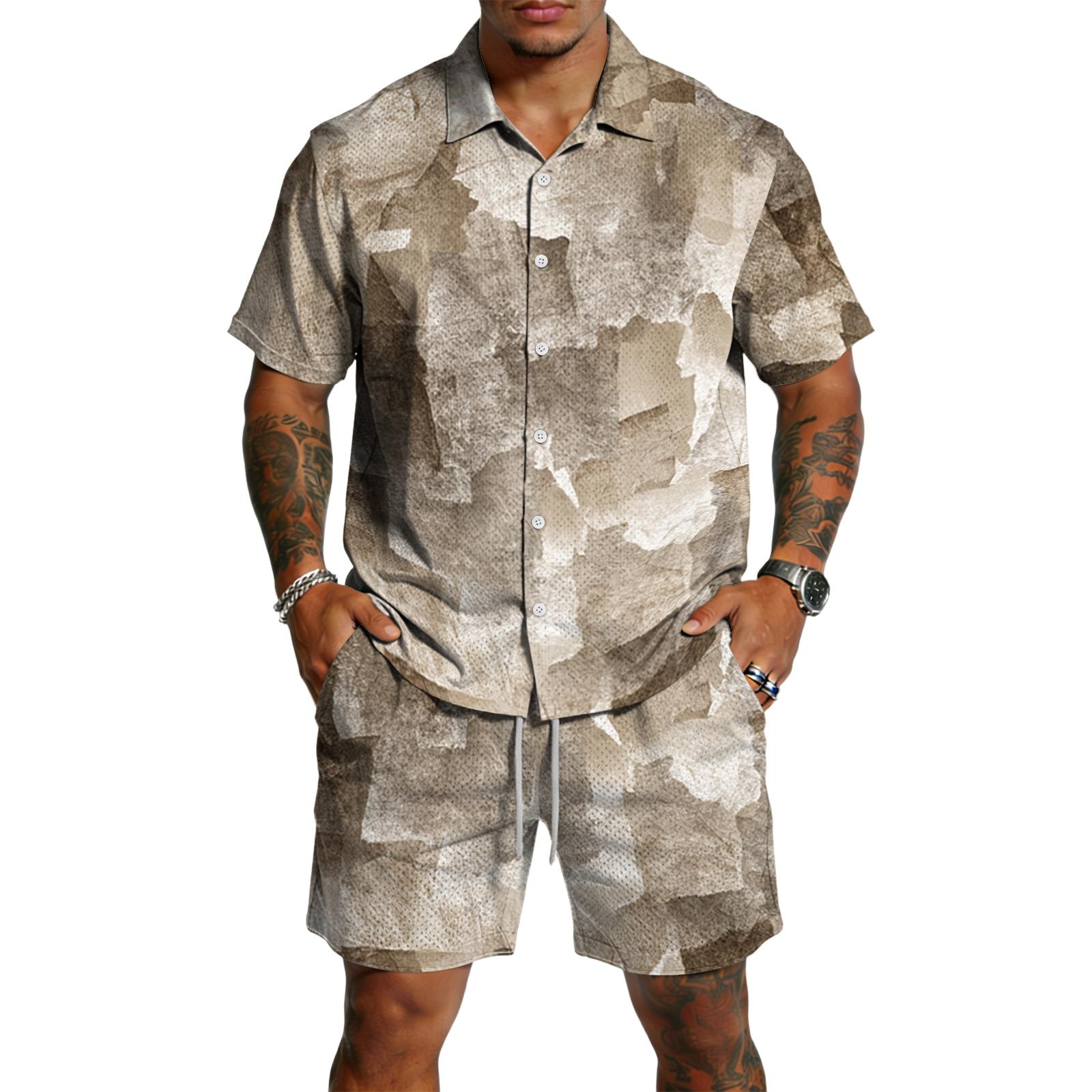 

Men s Casual Lightweight Breathable Short Sleeve Shirt and Drawstring Shorts Set Textured Pattern Vacation Beachwear Summer Outfit S хакі