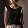 Women Vintage Loose Fit Sleeveless Linen Top Round Neck Patchwork Blouse Casual Summer Shirt for Daily Wear
