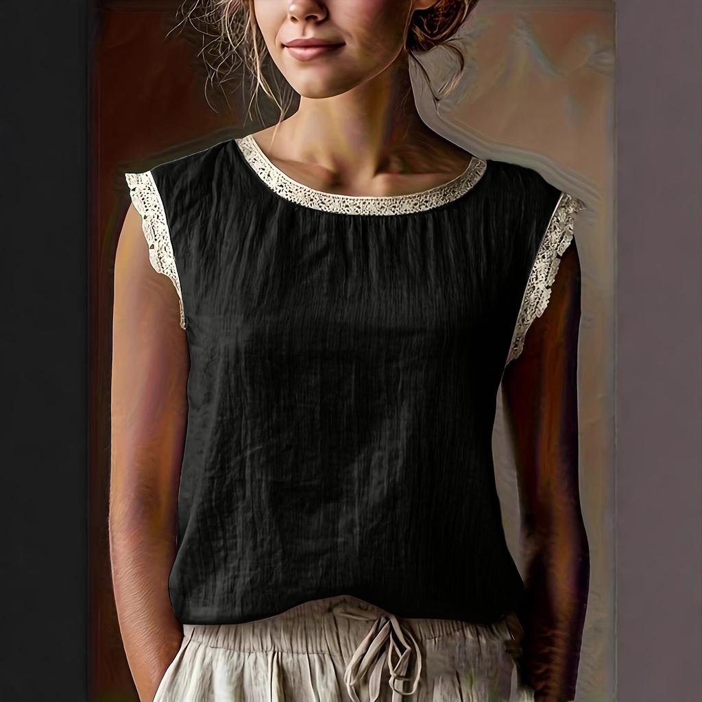 Women Vintage Loose Fit Sleeveless Linen Top Round Neck Patchwork Blouse Casual Summer Shirt for Daily Wear