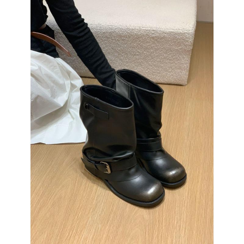 Western Round Head Thick Heel Short Boots Women's Autumn and Winter New Retro Martin Boots Short Flat Heel Trouser Tube Boots