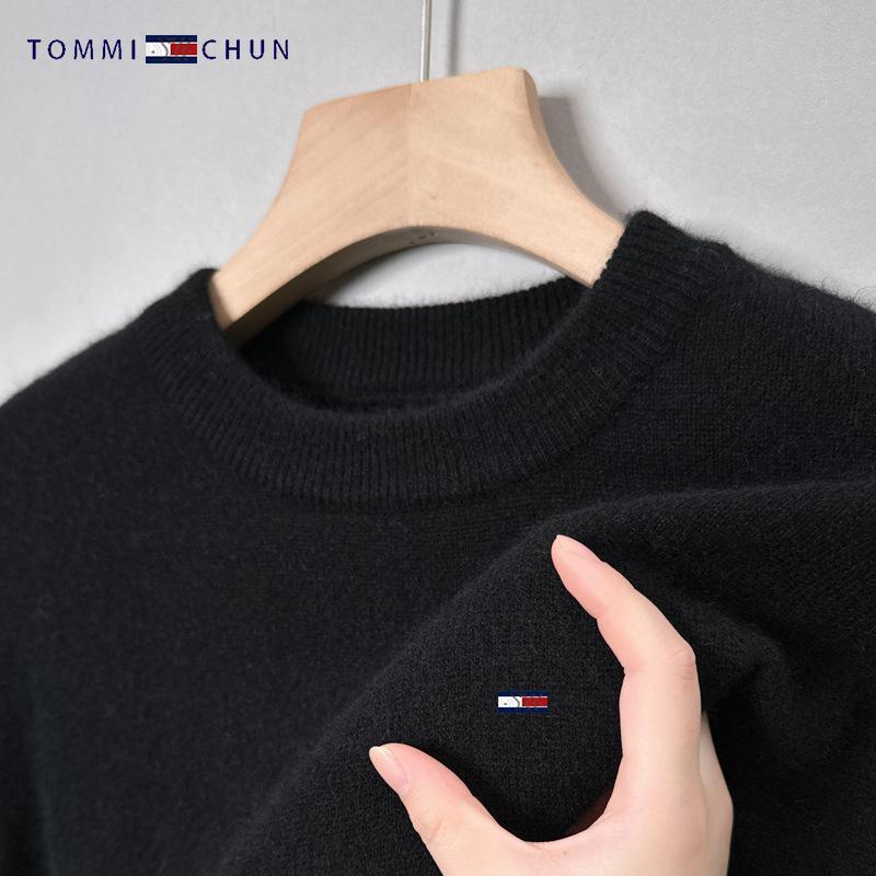 Men's American Tommy Wool Round Neck Thickened Cashmere Sweater - Casual Solid Color Knit Pullover