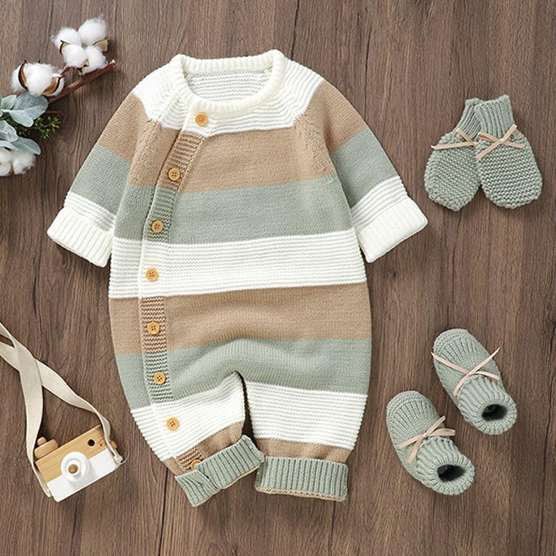 Winter Baby Strampler Kleidung Warm Strick Gestreiften Strampler Jungen Mädchen Overalls Herbst Ein Stück Herbst Infant Unisex Playsuits