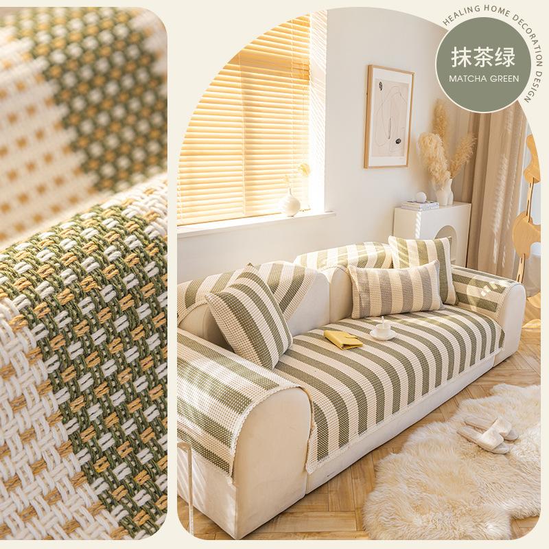 Japanese Style Sofa Cover Cotton Linen Thread Woven Stripe Sofa Slipcover All Season Anti-Slip Cushion Breathable Wear-Resistant