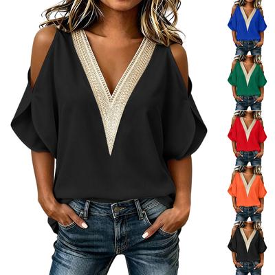 Women Casual V Neck Blouse Short Sleeve Top with Lace Trim Cold Shoulder Design Lightweight Loose Fit Shirt for Everyday Wear