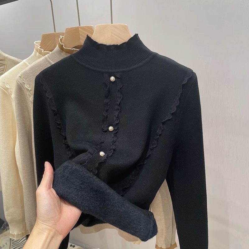 Плюс бархат ретро водолазка Топы женские осень зима новый кружевной пуловер с подкладкой трикотажный пуловер модный стиль повседневная нижняя рубашка S чёрный