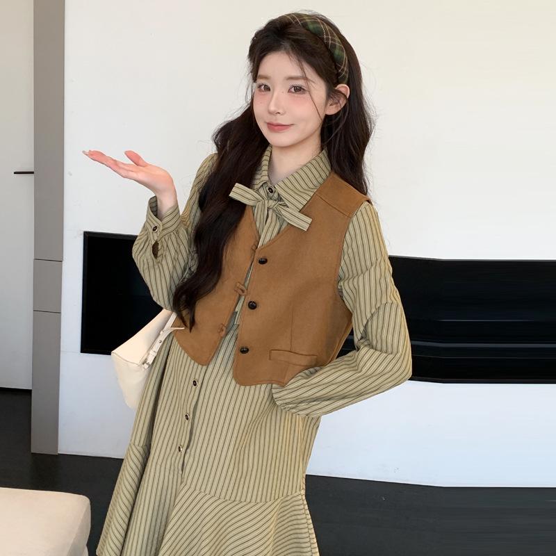French Striped Maternity Shirt Dress & Retro Vest Set for Women Medium
