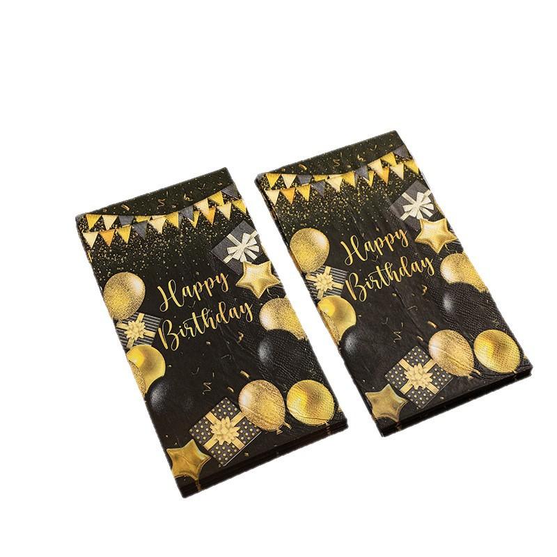 

20 Sheets/Bag Black Gold Happy Birthday Theme Paper Napkins Balloon Star Disposable Tissues Towel for Birthday Party Decoration
