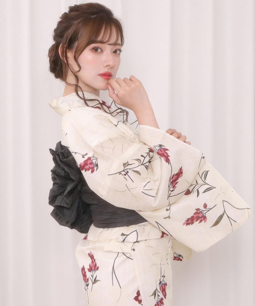 Yukata change set heiko E kudzu and red one size fits [KYOETSU] set, weave, unbleached, 2-piece (yukata, obi), women's (7. bellflower, all)