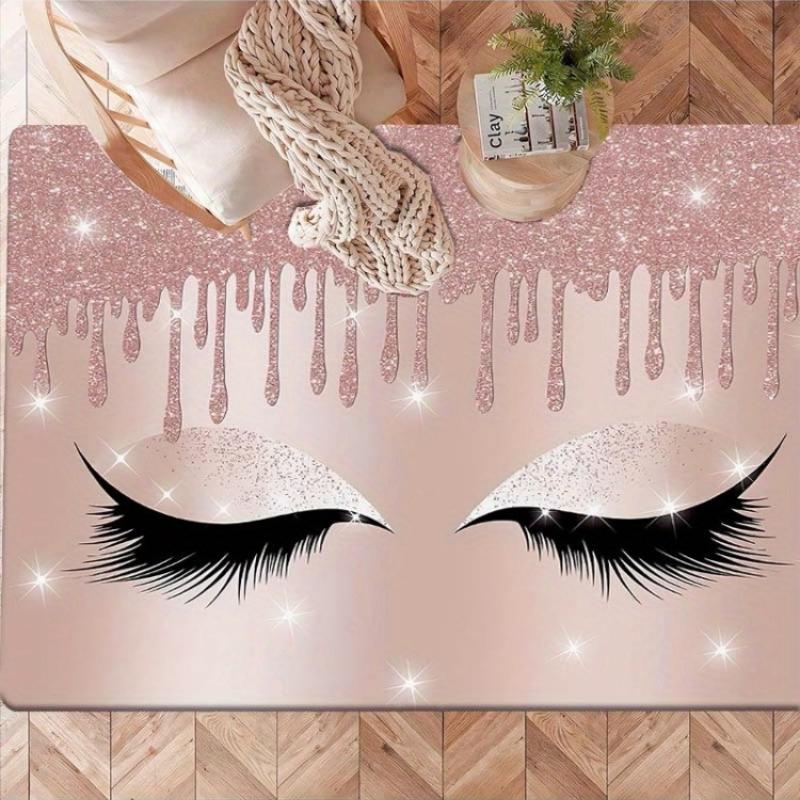 Glam Fashion Eyelash Themed Rug, Anti-Slip Mat with Rose Gold Glitter Design Vanity Room Bedroom,Chic Makeup Decorative Carpet