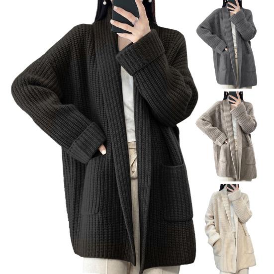 Sweater Coat Lapel Long Sleeve Open Front Knitting Sweater Coat with Pockets Solid Color Mid-length Casual