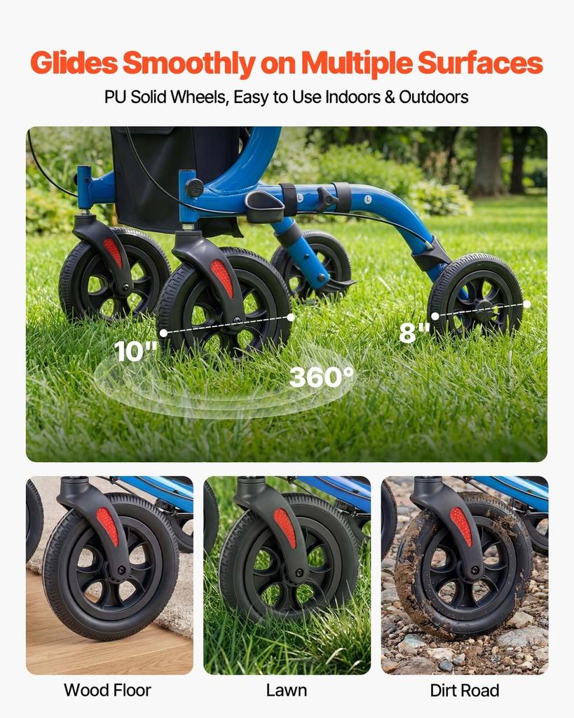 Rollator Walker with Seat for Seniors, Foldable Rolling Walker, Lightweight Aluminum Mobility Walking Aid with PU Solid Wheels, Adjustable Handle,
