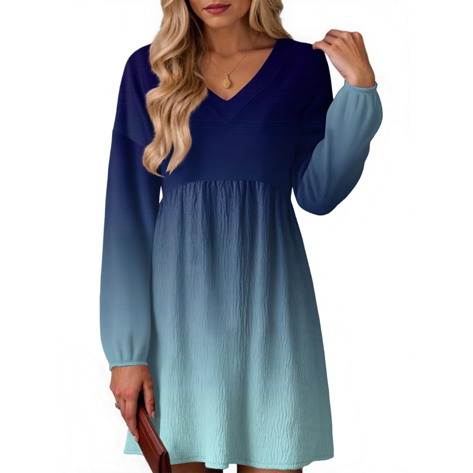 Women s Fashion Gradient V-Neck Long Sleeve Dress L темно-синий