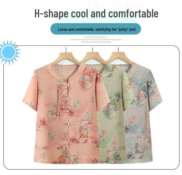 Mother's Day Chinese Style Summer Blouse - Short-Sleeved, Middle-Aged Women's Fashion Top