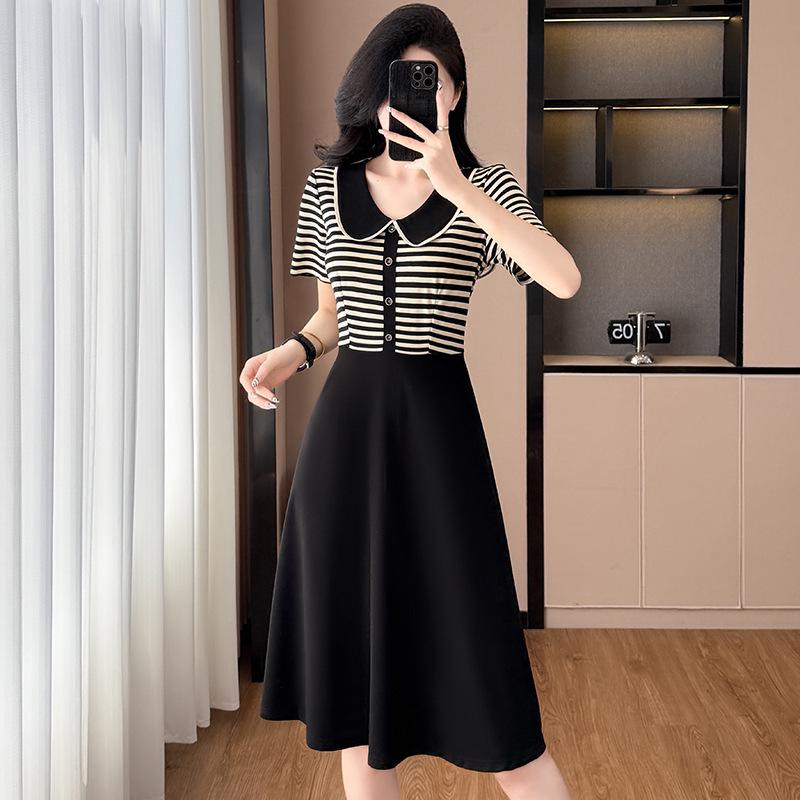 Plus Size Striped Patchwork Faux Two-Piece Slimming Short-Sleeve Summer Dress - Chic & Fashionable New Arrival