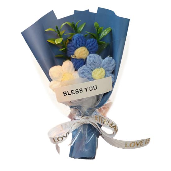 Crochet Flower Bouquet Handmade Knitted Mini Artificial Bouquet Fake Puff Flower Gift for Mother Wife On Birthday Anniversary