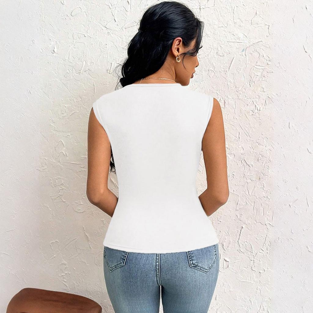 Ladies' Summer Elegant Fashion T-shirt Slant Neck Short Solid Color Top