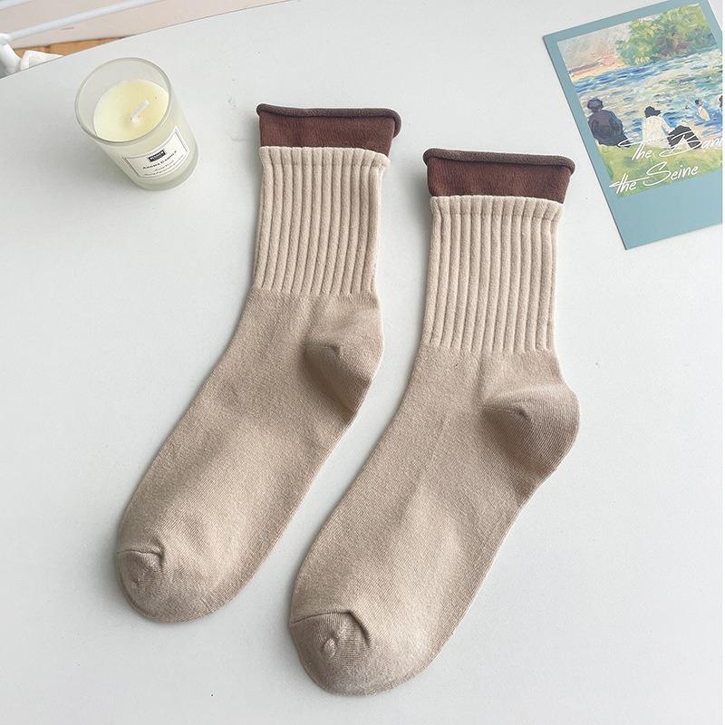 5 Pairs of Female Autumn Patchwork Double Candy Color Mid Tube Socks