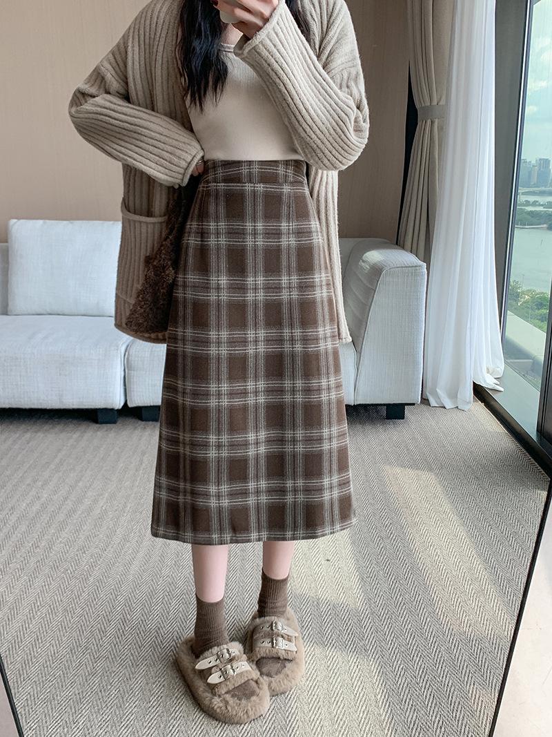 Plus Size Women s Korean Style High Waist Plaid Wool Midi Skirt S