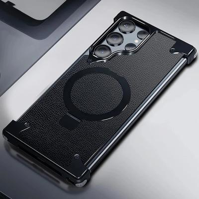 Luxury Rimless for Magsafe Magnetic Wireless Charge Case for Samsung Galaxy S24 S23 Ultra Aluminum Alloy Leather Frosted Matte Cover