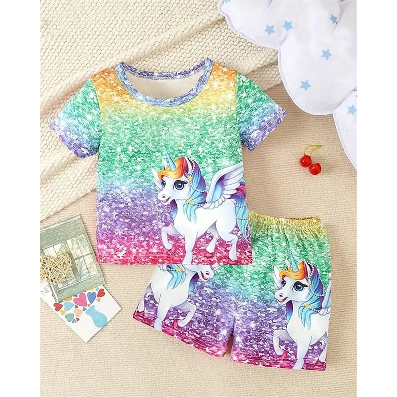 

Girls 3D Unicorn T-shirt & Shorts Set Short Sleeve Summer Spring Sports Fashion Daily Kids 4-12 Years 100