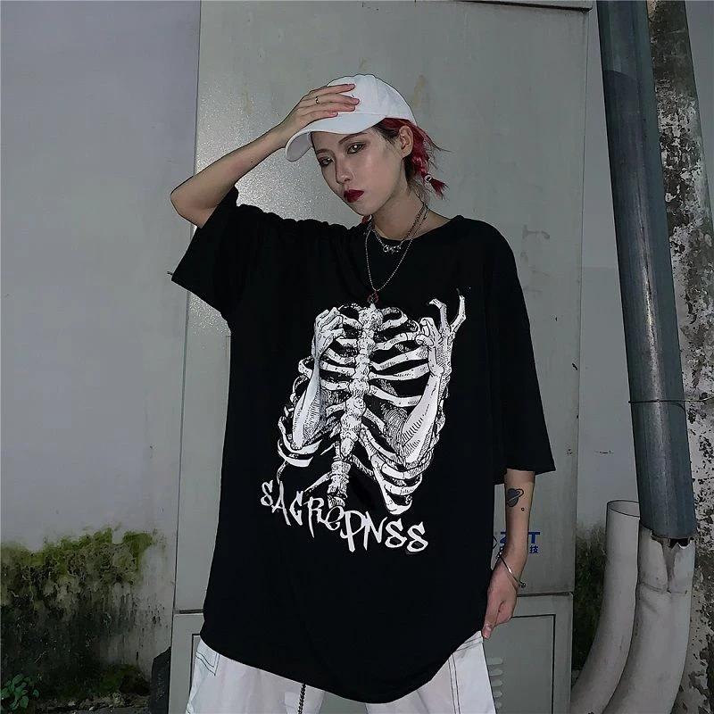 Retro Skull Print T Shirt Goth Women's T-shirt Y2k Clothes Harajuku Tops Summer Women Clothes Streetwear Short Sleeve Tshirt